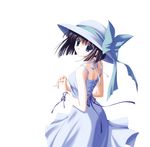  black_hair blue_eyes bow copyright_request dress hands_together hat highres looking_back nanao_naru own_hands_together ribbon short_hair smile solo sun_hat sundress 