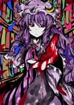 blood book crescent elking hat outstretched_hand patchouli_knowledge purple_hair red_eyes solo touhou 