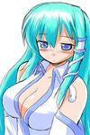  blue_eyes blush breasts cleavage detached_sleeves gomamiso_(gomamiso_sp) green_hair hair_ornament kochiya_sanae large_breasts long_hair snake solo touhou upper_body 