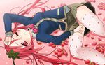  blazer bow bowtie fallen_down food food_print food_themed_clothes fruit fruit_background highres jacket kuromaru9 long_hair looking_at_viewer lying on_back one_eye_closed original panties pantyshot pantyshot_(lying) personification pink_background pink_hair pink_panties pleated_skirt polka_dot print_legwear red_eyes red_hair school_uniform skirt solo strawberry strawberry_print striped striped_panties thighhighs twintails underwear wallpaper wavy_mouth wince 