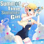  absurdres bad_id bad_pixiv_id blush bow hair_bow highres kagamine_rin one-piece_swimsuit one_eye_closed school_swimsuit solo swimsuit temari_(deae) vocaloid water_gun 