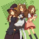  alternate_costume apron bad_id bad_pixiv_id blush broom brown_eyes brown_hair food hat inazuma_eleven inazuma_eleven_(series) long_hair maid mkrnsrd onigiri open_mouth pantyhose raimon_natsumi witch witch_hat 