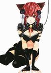  alternate_costume animal_ears arm_support bad_id bad_pixiv_id bell beniyaorin braid breasts bridal_gauntlets buckle cat_ears cleavage earrings flower hair_flower hair_ornament jewelry jingle_bell kaenbyou_rin large_breasts leash looking_at_viewer midriff red_eyes red_hair rose solo thighhighs touhou twin_braids twintails 