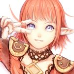  1girl armor bad_id bad_pixiv_id blue_eyes bob_cut choker elf elvaan face final_fantasy final_fantasy_xi hume lilisette pointy_ears red_hair short_hair solo v v_over_eye 