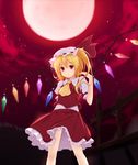  ascot ass_visible_through_thighs blonde_hair fal_maro flandre_scarlet full_moon hat highres looking_at_viewer moon red_eyes red_moon red_sky short_hair side_ponytail skirt skirt_set sky smile solo touhou wings 