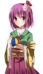  bad_id bad_pixiv_id flower fujishiro_emyu hair_flower hair_ornament hieda_no_akyuu japanese_clothes kimono obi paper_balloon purple_eyes purple_hair sash solo touhou 