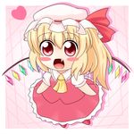  ascot b.leaf blonde_hair blush_stickers chibi fang flandre_scarlet hat heart open_mouth red_eyes shirt side_ponytail skirt skirt_set smile solo touhou wings 