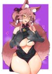 1girl animal_ears bare_shoulders black_gloves blush breasts china_dress chinese_clothes clothes_lift dress elbow_gloves fate/grand_order fate_(series) fox_ears fox_tail glasses gloves highres koyanskaya large_breasts long_hair looking_at_viewer navel nokogiriotoko open_mouth pink_hair simple_background solo tail tongue tongue_out underboob yellow_eyes 