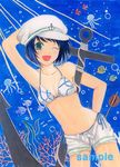  ;d acrylic_paint_(medium) anchor aqua_eyes bikini bikini_under_clothes black_hair blue_hair breasts bubble cleavage colored_pencil_(medium) coral fish hand_behind_head hat highres hishaku jellyfish leaning looking_at_viewer marituin medium_breasts murasa_minamitsu one_eye_closed open_fly open_mouth pastel_(medium) sailor_hat sample shiny shiny_skin shorts side-tie_bikini smile solo swimsuit swimsuit_under_clothes touhou traditional_media unbuttoned underwater unzipped 