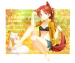  akira_(ku0427) animal_ears barefoot bra dog_ears dog_tail feet grin highres jacket kyubey legs lingerie long_hair mahou_shoujo_madoka_magica midriff navel open_clothes open_jacket ponytail red_eyes red_hair sakura_kyouko short_shorts shorts sitting smile tail underwear 