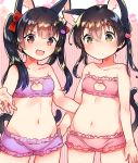  2girls :d animal_ear_fluff animal_ears bangs bare_arms bare_shoulders black_hair blush bow bra brown_eyes cat_cutout cat_ears cat_girl cat_hair_ornament cat_lingerie cat_tail cleavage_cutout collarbone commentary_request eyebrows_visible_through_hair frilled_bra frills groin hair_between_eyes hair_bow hair_ornament ichihaya long_hair meme_attire multiple_girls navel open_mouth original panties pink_bra pink_panties purple_bra purple_panties red_bow smile strapless strapless_bra striped striped_background tail tail_raised twintails underwear underwear_only vertical-striped_background vertical_stripes 