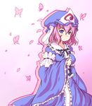  bad_id bad_pixiv_id blue_eyes breasts bug butterfly cherry_blossoms ghost hat insect japanese_clothes medium_breasts moisture_(chichi) petals pink_hair purple_eyes saigyouji_yuyuko short_hair smile solo touhou triangular_headpiece 