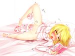  1girl barefoot bed blonde_hair blush book bottomless dildo dress_shirt kazetto lunasa_prismriver lying masturbation naked_shirt object_insertion on_side open_mouth panties panties_around_one_leg pillow pussy pussy_juice saliva shirt short_hair solo spread_legs tongue tongue_out touhou translated trembling underwear vaginal yellow_eyes 