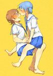  aioi_yuuko barefoot blue_hair blush brown_eyes brown_hair closed_eyes feet kiss multiple_girls naganohara_mio necktie nichijou nose_kiss school_uniform short_twintails tamagogogo tokisadame_school_uniform twintails yuri 