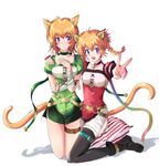  :d animal_ears bad_id bad_pixiv_id bandages blush cat_ears cat_tail choker echizen_(hvcv) fire_emblem fire_emblem:_akatsuki_no_megami fire_emblem:_souen_no_kiseki hand_on_own_chest hug kneeling lethe lyre_(fire_emblem) multiple_girls open_mouth orange_hair pillow purple_eyes short_hair siblings side_slit sisters sitting sitting_on_pillow smile tail tattoo thigh_strap thighhighs v 