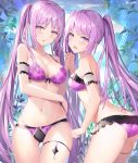  2girls arm_garter artist_name ass ass_visible_through_thighs bikini blush boots breasts butt_crack cleavage cowboy_boots euryale eyebrows_visible_through_hair fate/grand_order fate_(series) frilled_bikini frills from_side hand_holding highres interlocked_fingers jewelry leaning_forward long_hair looking_at_viewer medium_breasts multiple_girls navel necklace open_mouth outdoors purple_bikini purple_eyes purple_hair rin_yuu siblings sisters skindentation smile stheno swimsuit thigh_gap thighlet twintails very_long_hair 
