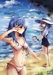  ahoge altoris_(scee) aqua_hair barefoot beach bikini bili_girl_22 bili_girl_33 bilibili_douga blue_hair cloud day face front-tie_top hair_ornament hands hat highres kiraboshi_(star_driver) leaf long_hair multiple_girls ocean one-piece_swimsuit outdoors outstretched_hand red_eyes school_swimsuit shore side-tie_bikini signature sky star_driver straw_hat swimsuit television v v_over_eye water white_swimsuit 