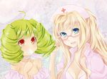  2girls ahoge bad_id bad_pixiv_id bare_shoulders blonde_hair breasts cleavage drill_hair glasses green_hair hat long_hair macross macross_frontier macross_frontier:_sayonara_no_tsubasa mikipa multiple_girls nurse nurse_cap pink-framed_eyewear ranka_lee red_eyes sheryl_nome short_hair twin_drills 