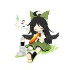  :d ahoge amputee black_hair black_wings blush bow closed_eyes cyborg disembodied_limb fork hair_bow highres knife long_hair miniskirt music musical_note on_floor open_mouth rakucat reiuji_utsuho robot shirt shoes singing sitting skirt smile socks solo spoon touhou very_long_hair wings 