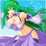  adapted_costume asamura_hiori bare_shoulders breasts cleavage curvy detached_collar detached_sleeves frog green_eyes green_hair huge_breasts kochiya_sanae leaning_forward long_hair midriff navel no_bra no_panties revealing_clothes sideboob sleeves_past_wrists smile snake solo touhou 