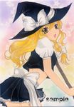  :o acrylic_paint_(medium) blonde_hair bow braid colored_pencil_(medium) crop_top eyelashes from_behind hair_bow hat highres kirisame_marisa large_bow leaning_forward looking_back marituin open_mouth pastel_(medium) sample side_braid skirt solo touhou traditional_media witch_hat yellow_eyes 