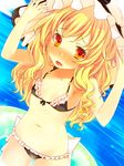  bikini blonde_hair blush day dutch_angle flat_chest frilled_bikini frills front-tie_top hands_on_headwear hat innertube kaneru kirisame_marisa long_hair navel open_mouth orange_eyes outdoors solo swimsuit touhou water wavy_hair witch_hat 