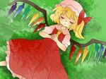  ascot bad_id bad_pixiv_id blonde_hair blouse bow closed_eyes comic flandre_scarlet grass hair_bow hammer_(sunset_beach) hands_on_own_chest hat lying on_back side_ponytail silent_comic skirt skirt_set sleeping smile solo touhou wings 