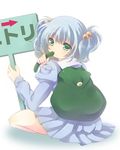  backpack bad_id bad_pixiv_id bag blue_hair blush cucumber eating food furumun green_eyes hair_bobbles hair_ornament kawashiro_nitori no_hat no_headwear short_hair sitting solo touhou two_side_up 