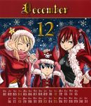  animal_hat blonde_hair blue_hair brown_eyes calendar_(medium) cat_hat christmas december erza_scarlet fairy_tail fur_trim hand_on_hip hat hat_with_ears long_hair lucy_heartfilia mashima_hiro mittens multiple_girls official_art one_eye_closed petting red red_hair santa_costume santa_hat scarf side_ponytail snow snowflakes wendy_marvell 