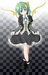  alternate_costume blue_eyes boots brooch checkered checkered_background crossed_legs curtsey daiyousei ebi_senbei frills green_hair hair_ribbon head_tilt highres jewelry ribbon side_ponytail skirt smile solo standing touhou watson_cross 