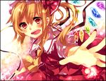  bad_id bad_pixiv_id blonde_hair bow flandre_scarlet foreshortening hair_bow hands hazuki_mizuho looking_at_viewer open_mouth outstretched_hand red_eyes short_hair short_sleeves side_ponytail solo touhou wings 