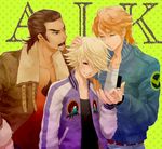  antonio_lopez bad_id bad_pixiv_id blonde_hair blue_jacket blush bomber_jacket brown_hair chest_hair gaika green_eyes ivan_karelin jacket keith_goodman letterman_jacket male_focus multiple_boys petting purple_eyes purple_jacket tiger_&amp;_bunny v-neck 