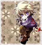  blonde_hair boots chibi ivan_karelin jacket letterman_jacket male_focus miya_daisuke origami purple_eyes purple_jacket shuriken solo tiger_&amp;_bunny 