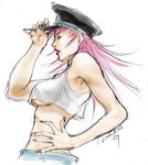  armpits blue_eyes breasts final_fight from_side hat large_breasts lipstick makeup midriff nail_polish peaked_cap pink_hair poison_(final_fight) sho-sk solo tank_top underboob upper_body 