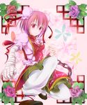  bandages bun_cover chain chinese_clothes cuffs double_bun flower highres ibaraki_kasen pants pink_flower pink_hair pink_rose red_eyes rikkunia rose shackles short_hair skirt smile solo touhou 