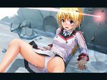  bangs blonde_hair blush charlotte_dunois eto infinite_stratos laser letterboxed long_hair open_mouth panties ponytail purple_eyes rock sitting skirt solo spread_legs tears underwear water wet wet_clothes 