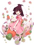  animal animal_ears bad_id bad_pixiv_id black_hair blush bow bowtie bunny bunny_ears carrot carrot_necklace dress flower highres inaba_tewi isegawa_yasutaka jewelry necklace pendant pink_dress red_eyes short_hair smile solo touhou 