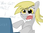  amber_eyes blonde_hair computer derpy_hooves_(mlp) english_text equine female feral friendship_is_magic fur grey_fur hair hasbro horse kl0ndike laptop mammal my_little_pony open_mouth pegasus plain_background rage solo text white_background wings 