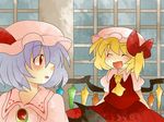  :d ascot bad_id bad_pixiv_id blonde_hair bow brooch comic flandre_scarlet hair_bow hammer_(sunset_beach) hat jewelry lavender_hair looking_back multiple_girls open_mouth red_eyes remilia_scarlet short_hair siblings side_ponytail silent_comic sisters smile touhou wings 