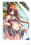  absurdres alpeggio amane_sou barefoot bikini blush breasts brown_hair cleavage day front-tie_top green_eyes highres kitami_chisato long_hair medium_breasts navel open_mouth palm_tree sarong sarong_lift solo striped striped_bikini striped_sarong swimsuit thigh_gap tree 