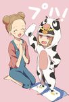  :d animal_costume animal_hat animal_print barefoot bird blush_stickers bottle cow_costume cow_print double_bun dual_persona hat highres mawaru_penguindrum milk_bottle multiple_girls open_mouth overalls penguin penguin_1-gou penguin_2-gou ponekusan princess_of_the_crystal seiza sitting smile standing takakura_himari 