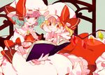  :/ ascot bat_wings bed blonde_hair blue_hair blush book brooch chin_rest dress flandre_scarlet hagiko hat jewelry lying multiple_girls on_stomach pink_dress reading red_dress red_eyes remilia_scarlet short_hair siblings side_ponytail sisters sitting skirt smile touhou wings wrist_cuffs 