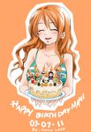  2011 :d bad_id bad_pixiv_id bare_shoulders breasts brook cake candle character_doll character_name cleavage closed_eyes dated fire flame food franky happy happy_birthday highres long_hair medium_breasts monkey_d_luffy mono_land nami_(one_piece) nico_robin objectification one_piece open_mouth orange_hair roronoa_zoro sanji smile solo tony_tony_chopper usopp wavy_hair 