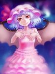  bat_wings dress eyebrows frills gathers hands hat hat_ribbon head_tilt highres lips nail_polish nihimaru red_eyes remilia_scarlet ribbon smile solo touhou wings 