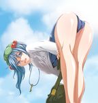  alternate_costume ass bag bare_legs bent_over blue_eyes blue_hair from_behind from_below hair_bobbles hair_ornament hat kawashiro_nitori key looking_back nature one-piece_swimsuit open_mouth purple_eyes school_uniform shirt short_hair solo sumi_(joker) swimsuit swimsuit_under_clothes touhou two_side_up white_shirt 