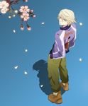  bad_id bad_pixiv_id blonde_hair boots cherry_blossoms full_body hands_in_pockets ivan_karelin jacket letterman_jacket male_focus michiru_(idea_style) petals purple_eyes purple_jacket shadow simple_background solo tiger_&amp;_bunny 