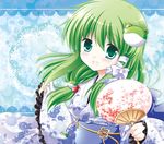  alternate_costume aqua_eyes blush fan frog green_eyes green_hair hair_ornament hair_ribbon japanese_clothes kimono kochiya_sanae long_hair obi open_mouth paper_fan pinching_sleeves ribbon sash sleeves_past_wrists smile solo touhou uchiwa upper_body white-brown yukata 