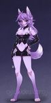  breasts canine collar dog female fishnet gigi gloves hair hand_on_hip leather looking_at_viewer luckypan mammal miniskirt neolucky purple_hair red_eyes rubber smirk solo standing 