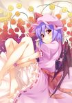  absurdres bare_legs barefoot bloomers bow dress fetal_position flower hat highres kokonoe_shuu large_bow lavender_hair leg_hug looking_at_viewer lying on_side plant red_eyes remilia_scarlet rose solo touhou underwear vines wings wrist_cuffs 