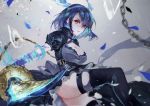  1girl alice_(sinoalice) ass blue_hair blurry_foreground boots breasts chains cleavage cleavage_cutout debris frilled_skirt frills grey_background headband highres holding holding_sword holding_weapon large_breasts looking_at_viewer magic open_mouth puffy_sleeves red_eyes ribbon short_hair sinoalice skirt solo sword thigh_boots thighhighs thighs torn_clothes torn_legwear turtleneck vardan weapon 
